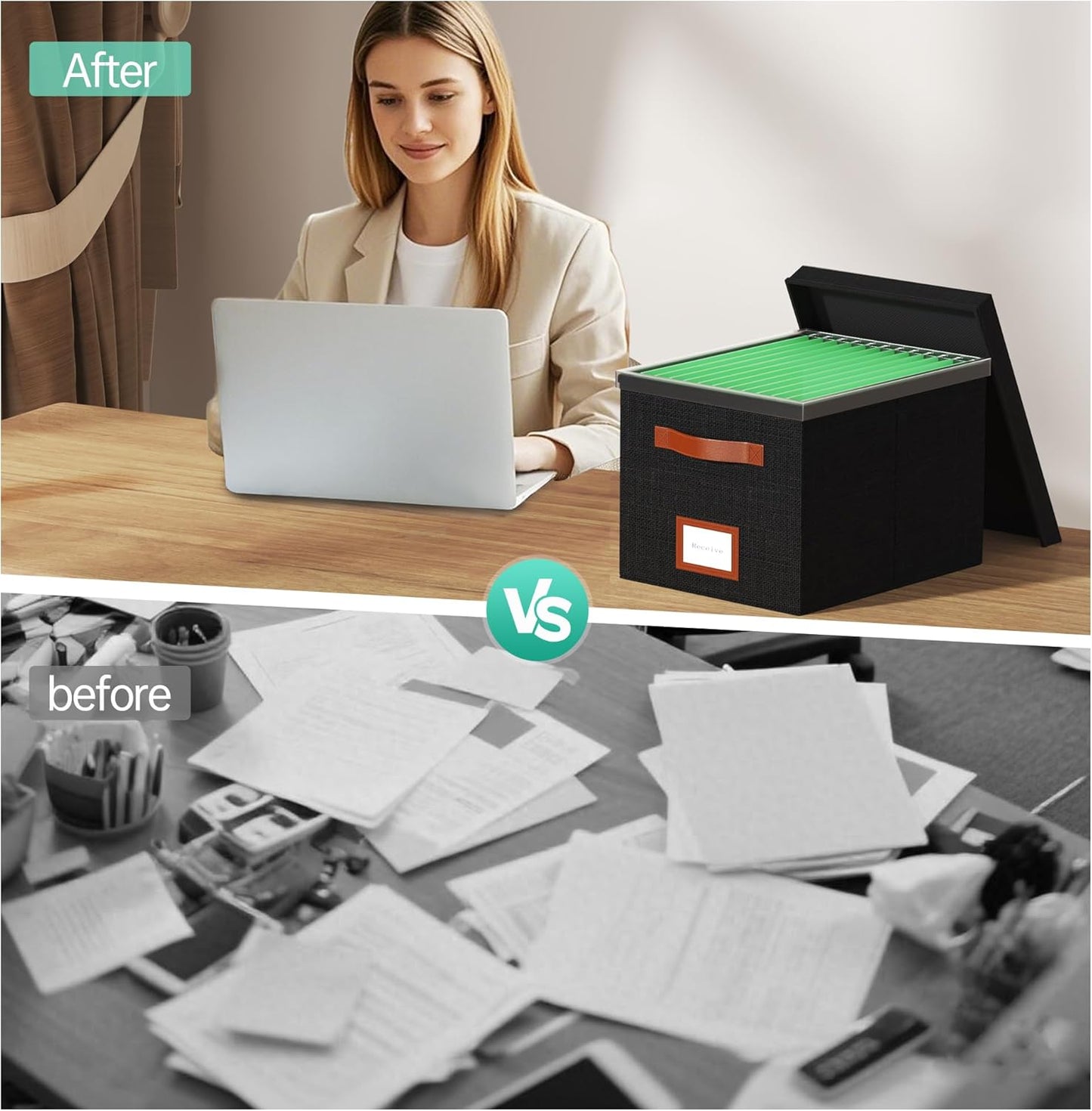 File Box for Hanging, File Organizer Box with Lid Decorative File Folders Letter Size Organizer with One-Piece Integrated Plastic Slide Rail (Black, 13.2x10.1x10.1inch(3pack))