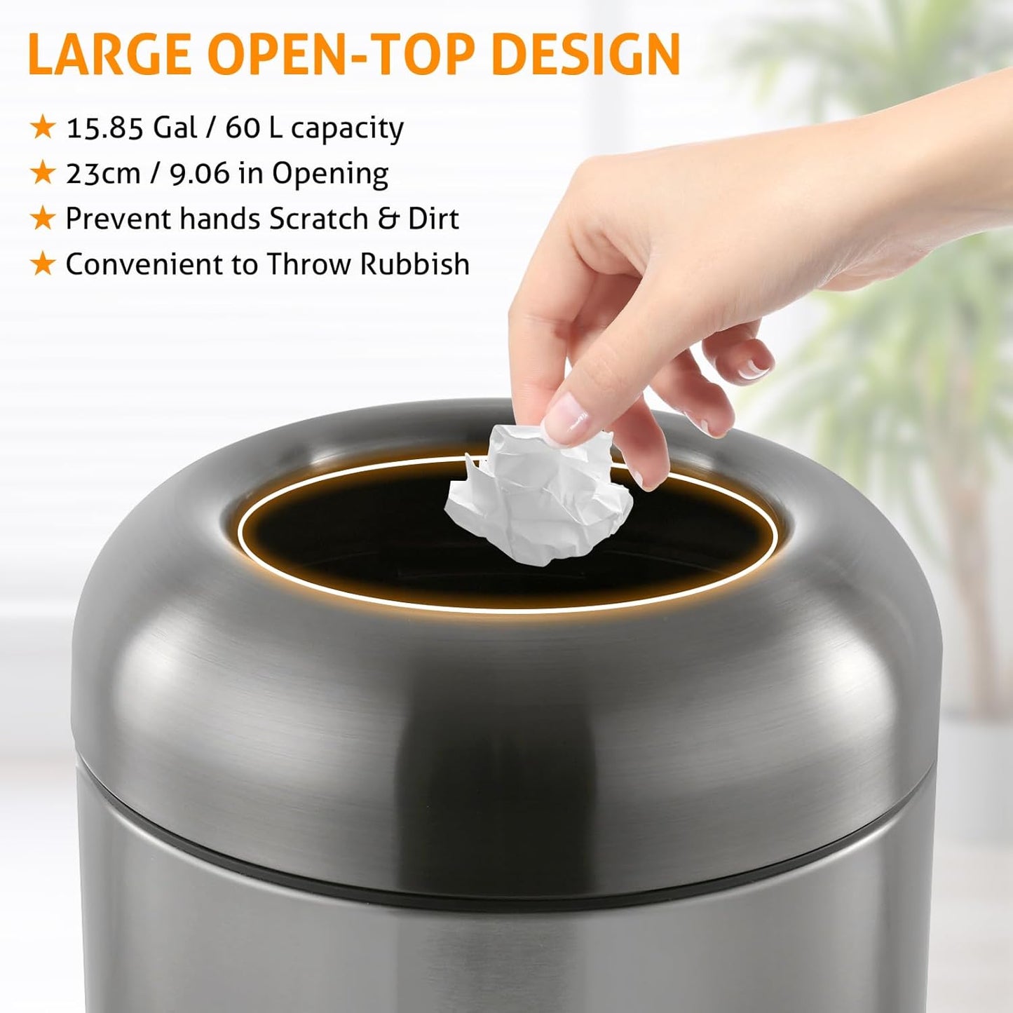 WICHEMI 16 Gallon Commercial Large Trash Can, Bullet Outdoor Trash Bin with Open Top Lid, Brushed Stainless Steel Garbage Can, Black