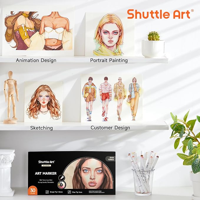 Shuttle Art 30 Colors Skin Tone&Hair Art Markers, Dual Tip Alcohol Based Flesh Color Marker Pen Set Contains 1 Blender Perfect for Kids & Adults Portrait,Comic, Anime, Manga, Illustration