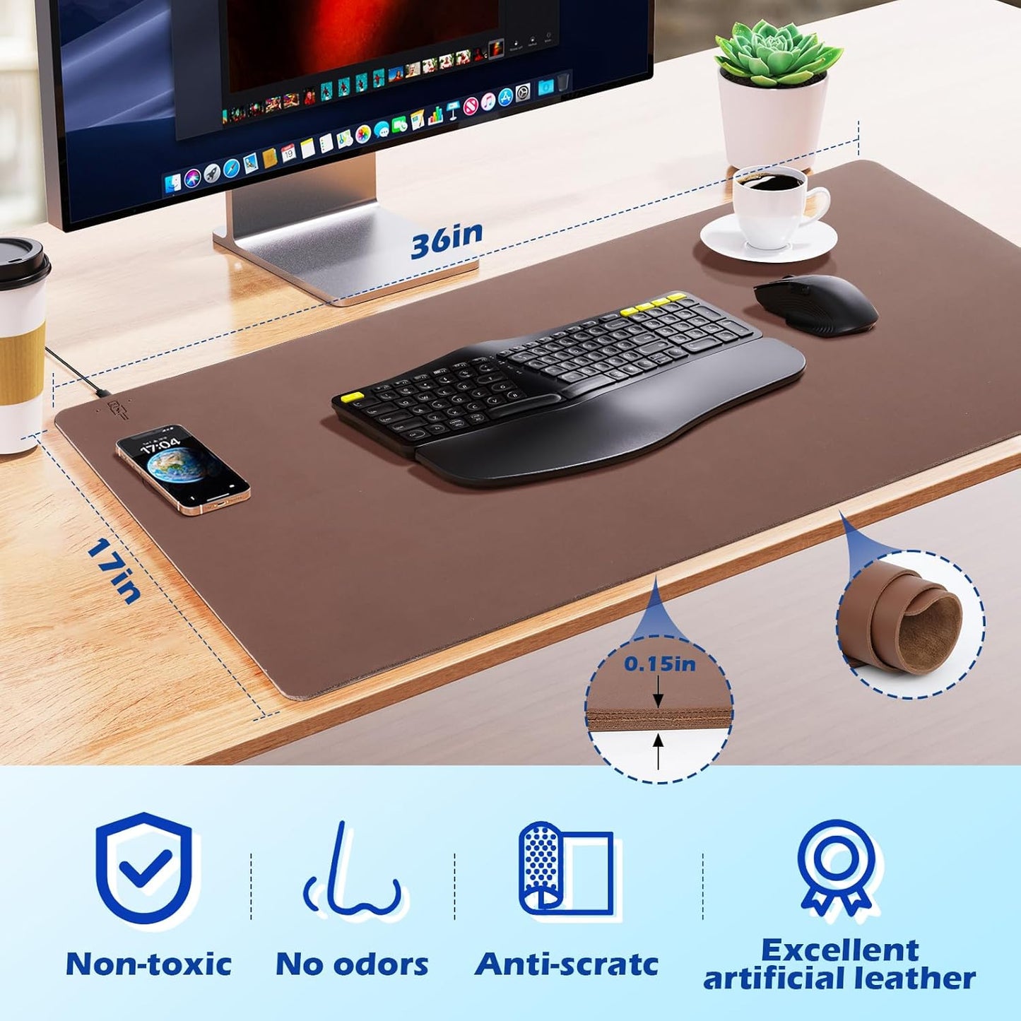 Wireless Charging Desk Mat with Desk Pad for Desktop Charging Large Mouse Pad Waterproof Leather Computer Mat Mouse Pad Non-Slip Protector on Top of Desks for Keyboard and Mouse (brown-l, 36*17inch)