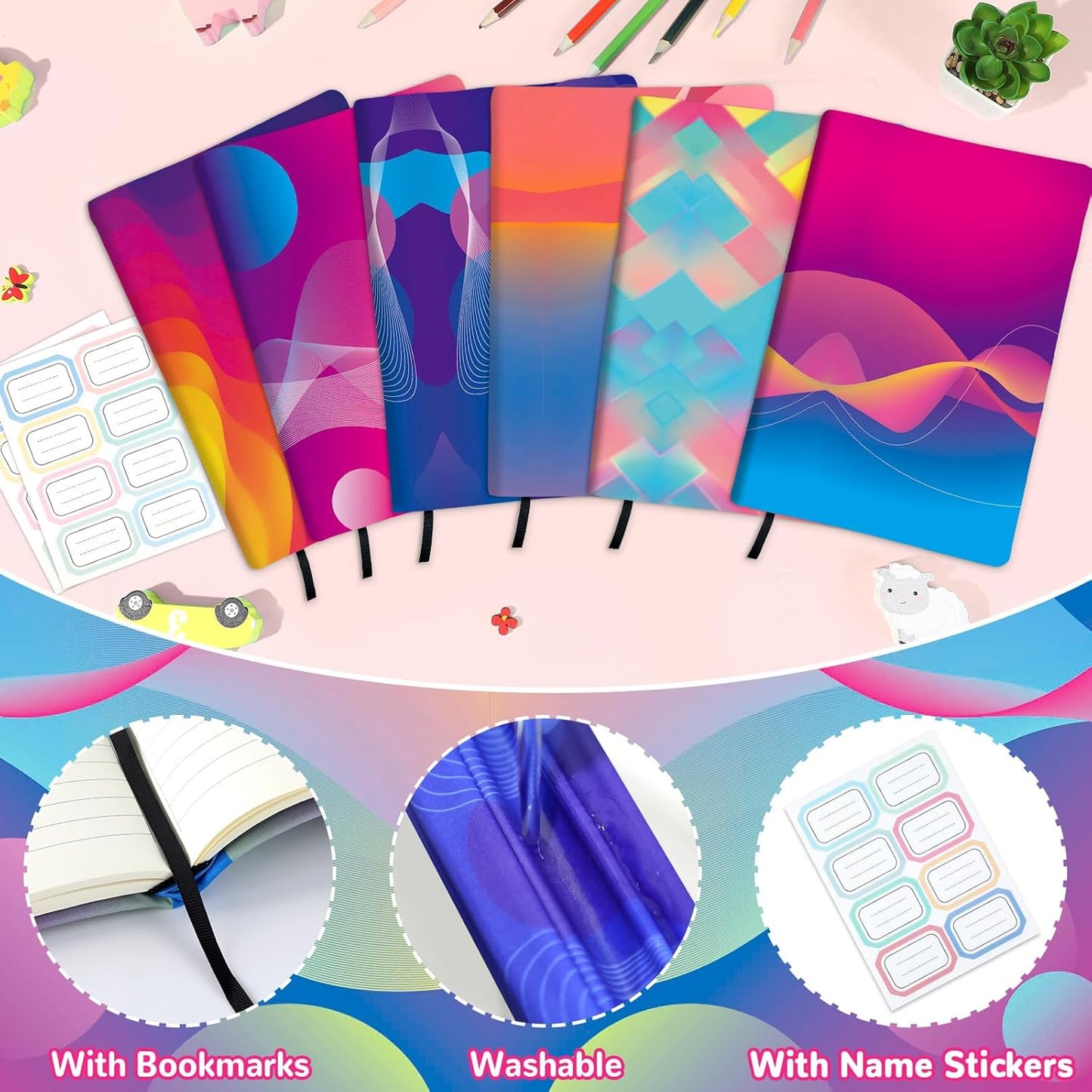 Jumbo Book Covers 8 Pack Reusable Fabric Book Cover Protective Books Covers 9 x 11 Inch Neon Stretchable Books Sleeve Cover with Label Sticker for Most Hardcover Textbooks Up to 10 x 12.5 Inch