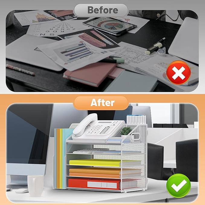 DocNest 5 Tier Paper Letter Tray File Organizer, Mesh Desk File with Handle, Workspace Desk Organizers with Pen Holder, Office Organization Storage Accessories - White