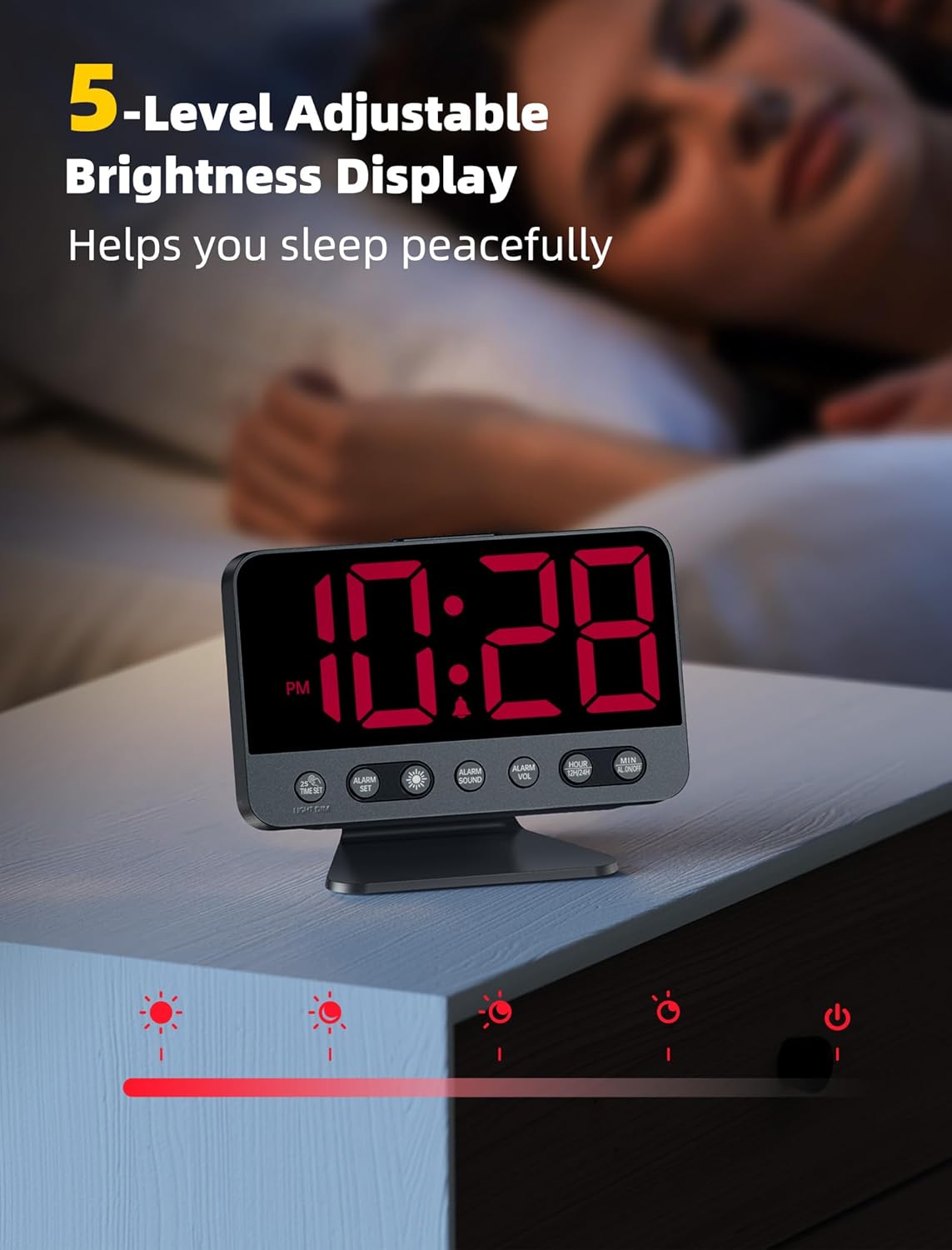 Digital Alarm Clocks for Bedrooms: Large Bold Number 5 Brightness Dimmer - Easy to Read Across The Room - 5 Alarm Sound 8 Night Light - Red