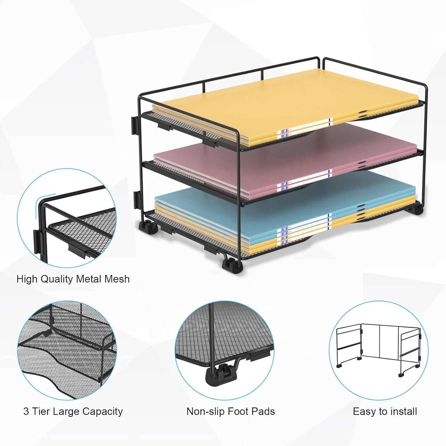 Office Organization - 3 Tier Paper Organizer Letter Tray - Mesh Desk File Organizer - Paper Sorter Desk Stand for Letter/A4 Office File Folder Holder - Black