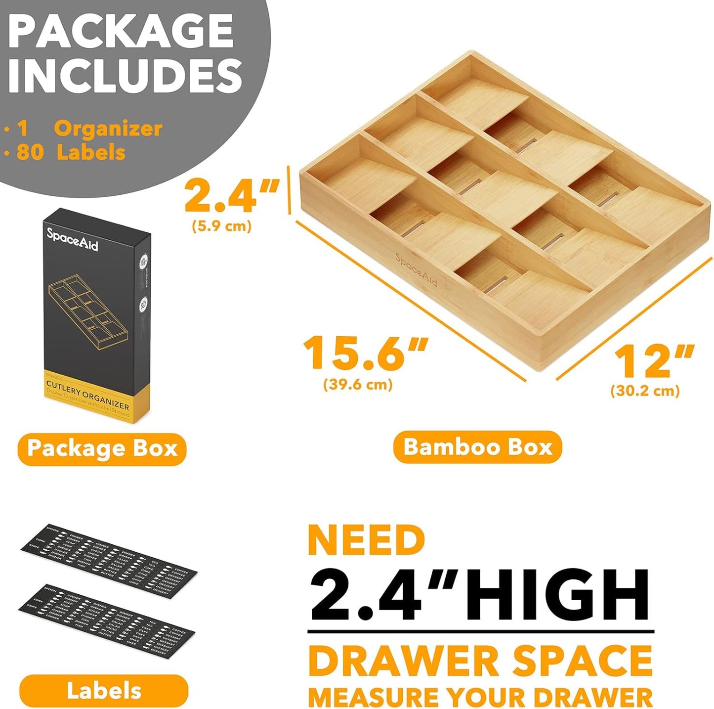 SpaceAid Bamboo Silverware Drawer Organizer (Need 3" Deep Drawer), Kitchen Utensil Tray Holder Organizer for Flatware, Cutlery, Spoon and Knives Storage Organization (9 Slots)