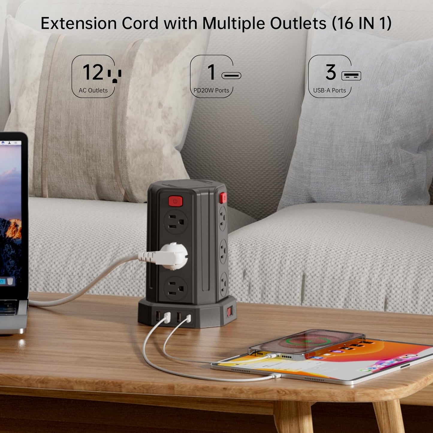 Power Strip Surge Protector, 10 Ft Extension Cord with 12 AC Multiple Outlets 4 USB (1 USB C), SMALLRT Power Tower Desktop Charging Station (Black, 10 FT PD20W)