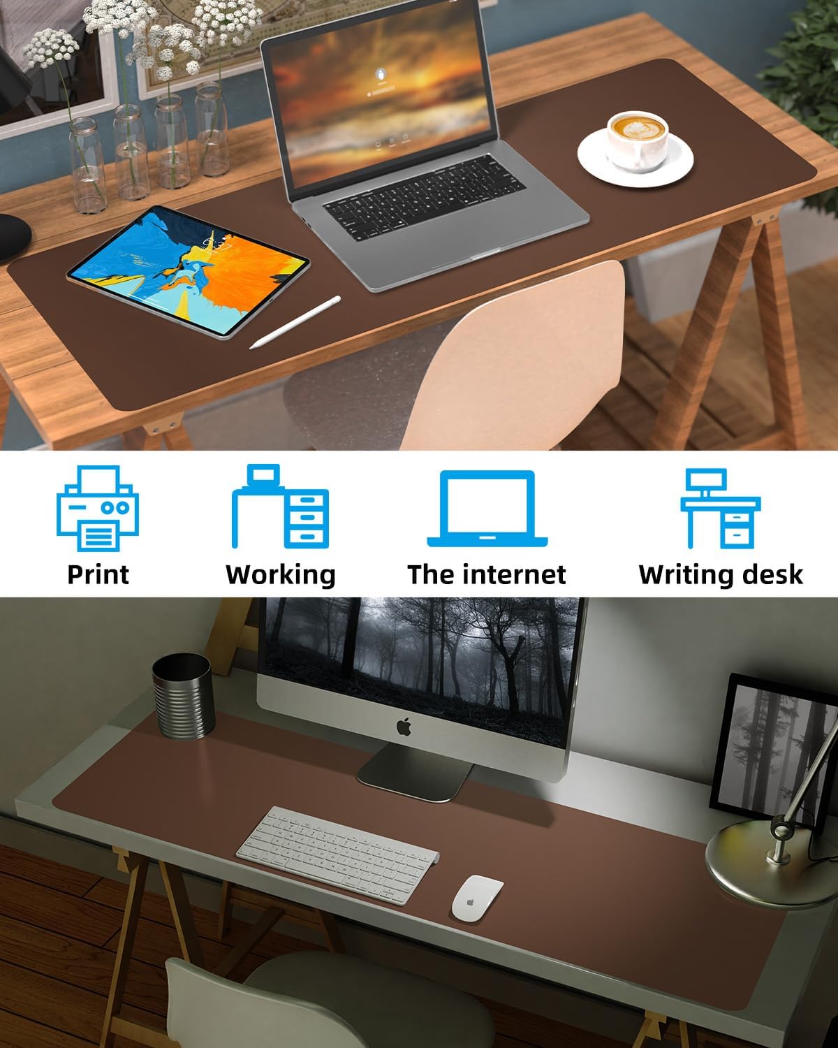 Large Leather Desk Pad Protector, Office Mat, Mouse Pad, Non-Slip Blotter, Laptop Pad, Waterproof Writing Pad for Office & Home (Brown, 48" x 24")