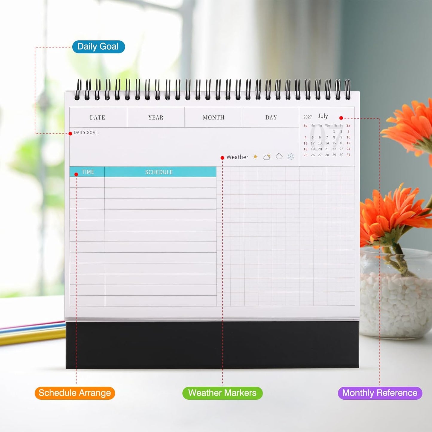 Desk Calendar 2026-2027, 2 Years Calendar Runs from Jan. 2026 until Dec 2027, Table Monthly Planner with Stickers for Home,Office,School Organization(L-Black,9.8" x 9.6")