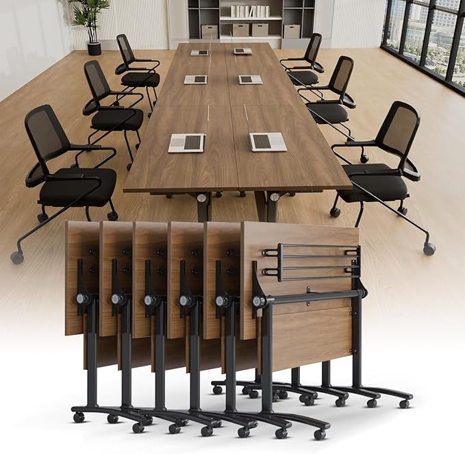 Conference Room Table with Silent Wheels, Mobile Folding Conference Table for 16 Person,Flip Top Office Training Tables with Walnuts Wood Tabletop, for School,Business Meeting Rooms (6Pack 71in)