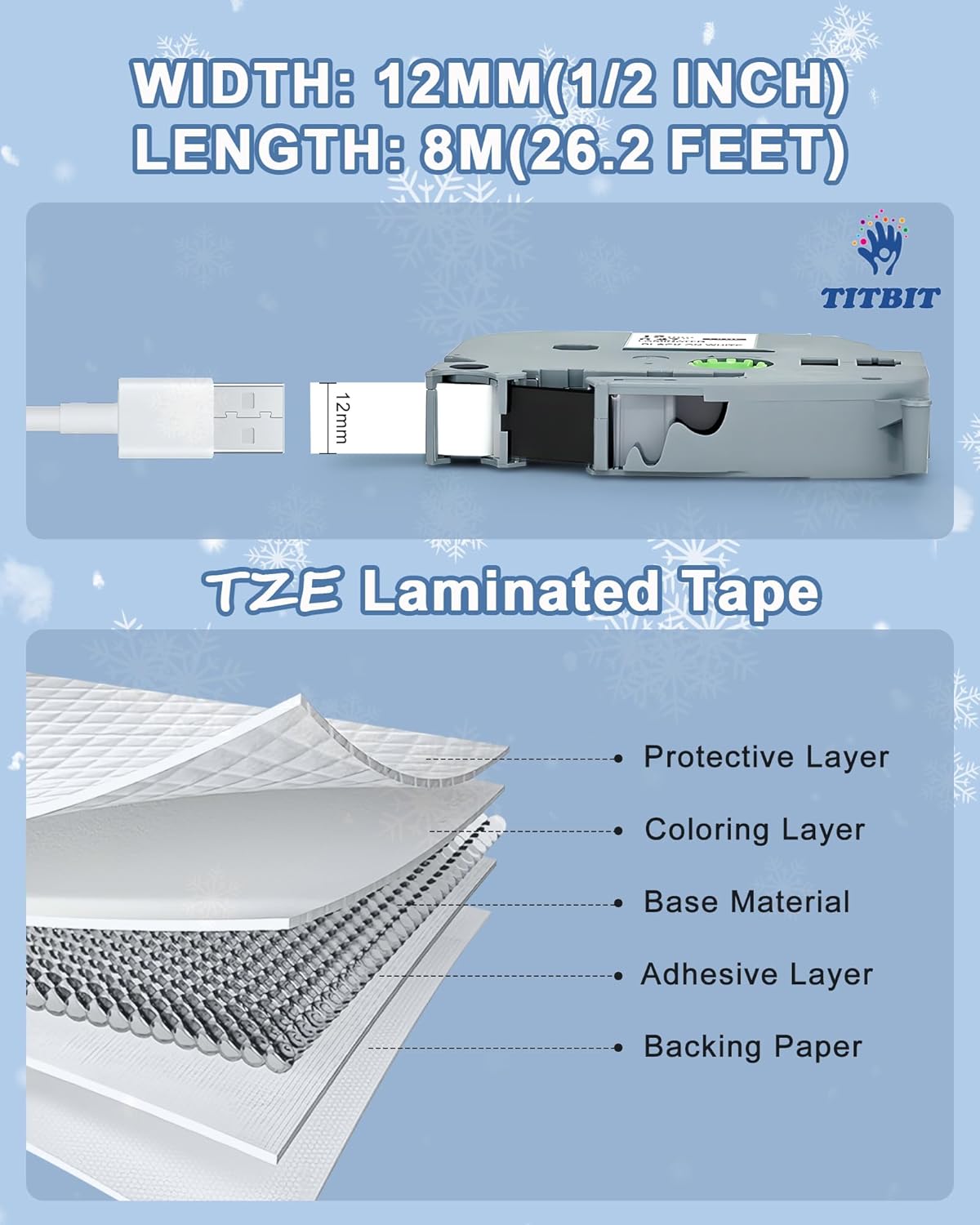 Label Maker Tape Replacement for Brother P Touch Label Tape TZE-231 Tz231 Laminated Tape Black on White 12mm 0.47 inch x 26.2ft 8m 1/2 for Ptouch PTD400AD PTH110 PT-D210 PT-D400 PTD600 PTD220,5 Pack