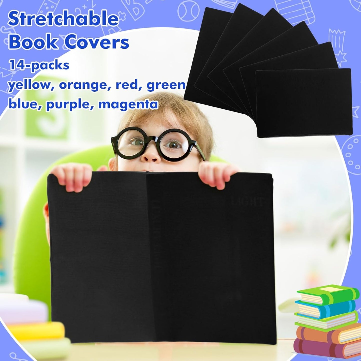 Sherr 14 Pack Stretchable Book Covers Reusable Jumbo Bookcloth 9" x 11" Durable Washable Back to School Book Cover Protector for Most Hardcover Books Textbooks(Black,Classic)