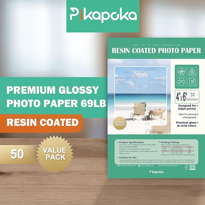 Ultra-Premium Glossy RC Photo Paper, Professional and Heavyweight Metallic Resin Coated Photo Paper, Pigment and Dye Inkjet Printer Suitable, Waterproof, 4x6, 50 Pack