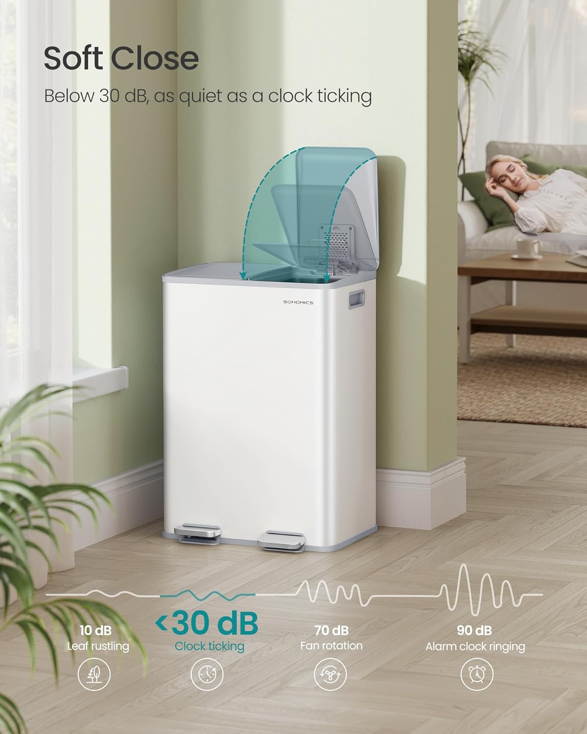 SONGMICS Trash Can, 2 x 8 Gallon (2 x 30 L) Dual-Compartment Garbage Can with Soft-Close Lid, Pedal and Inner Buckets, Stainless Steel, Includes 15 Liner Bags, Matte White ULTB741W01