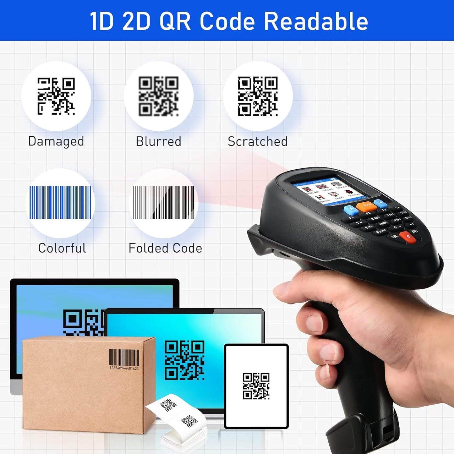 1D 2D Barcode Scanner Wireless, JRHC Portable Inventory Scanner & Data Collector Data Terminal PDT Inventory Device with Long Transmission Distance 2.4G Wireless Bar Code Reader with 2.2" LCD Screen