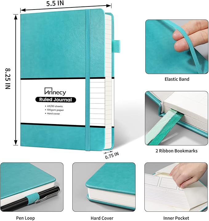 Annecy Lined Journal Notebook, Hardcover Numbered College Ruled Journal, Medium 5.5x 8.25, 160 Pages 100GSM Writing Paper, Turquoise