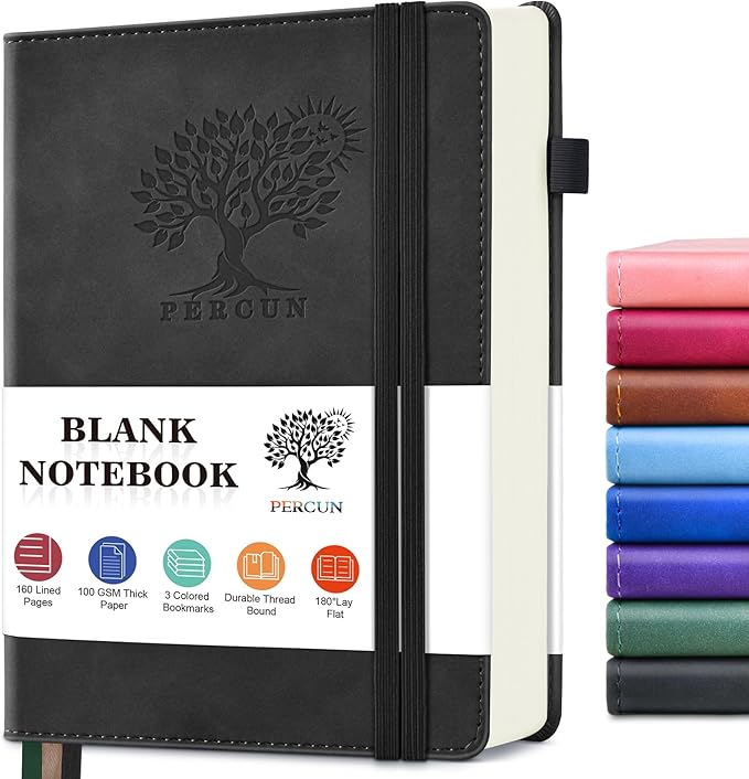 PERCUN Blank Journal Ntebook for Men & Women, 160 Pages Blank Journals for Writing, Drawing,Sketch Book,5.9" x 8.5" Leather Sketchbook, Unlined Notebook for Work, School, Art - Black