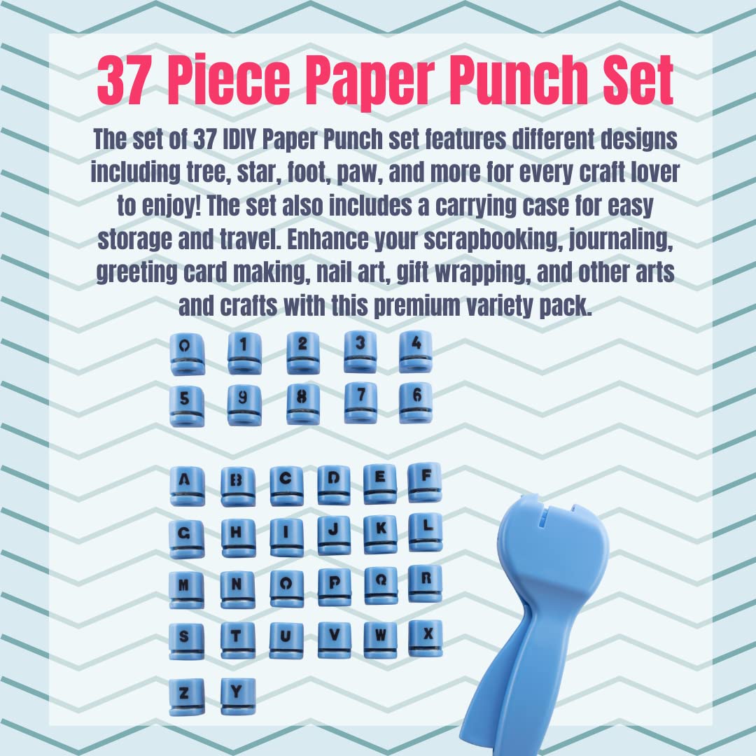 Letters and Numbers Paper Punchers- 37pc Mini Paper Punchers w Case & Punching Tool- Easy Use Hole Punch for Greeting Cards, Confetti, Scrapbooking, Arts & Crafts, School Projects for Kid & Adults