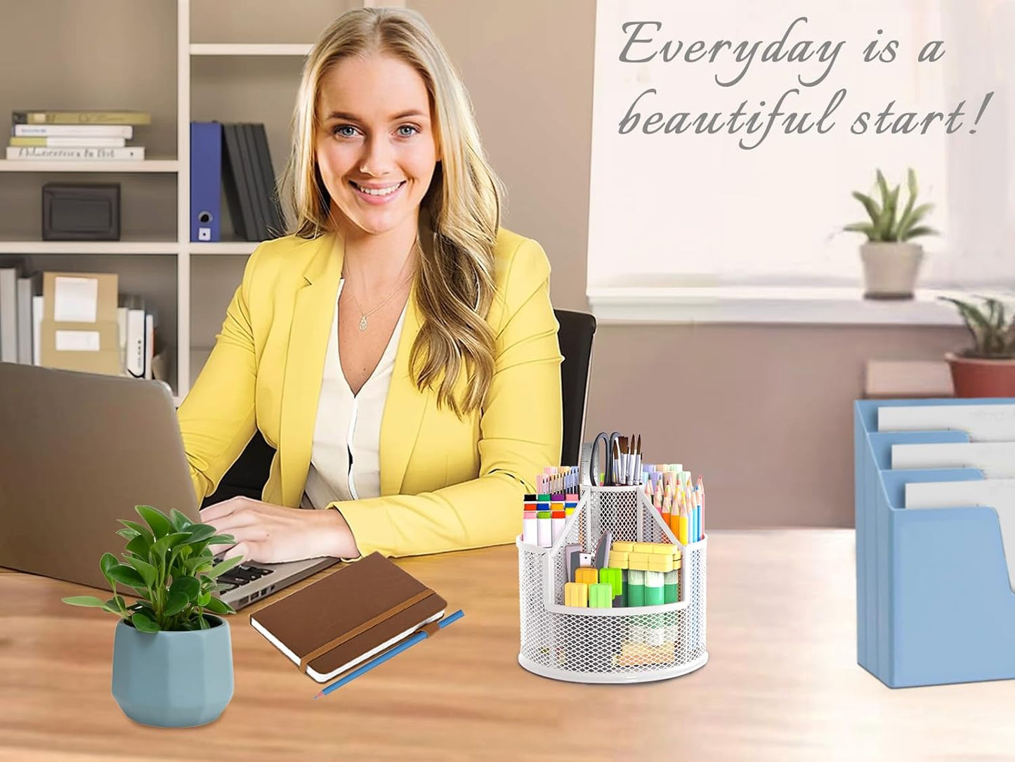 Sturdy Rotating Pen Holder, Cute Metal Pencil Holder, Large Mesh Pen Organizer for Desk, Premium Friendly Office Desk Accessories & Workspace Organizers, White