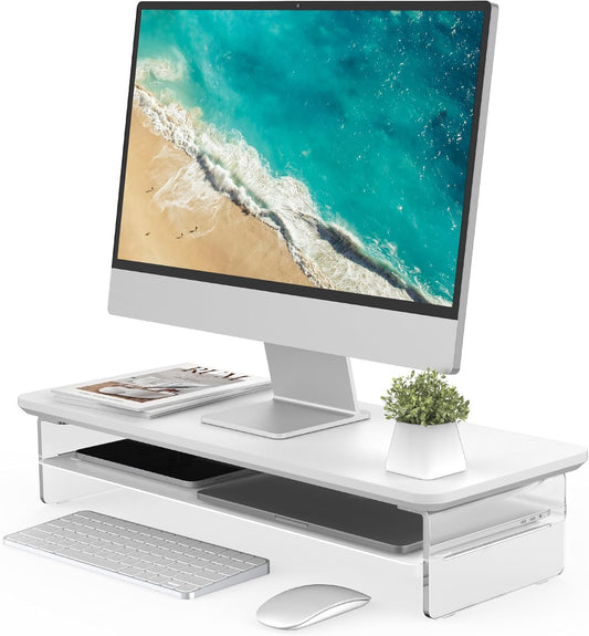Fenge Acrylic Monitor Stand Riser, 23.6 Inches Monitor Stand with Metal Storage, 2 Tier Acrylic Computer Riser for Desk, Clear Laptop Stand for PC, Laptop, Printer, TV, White