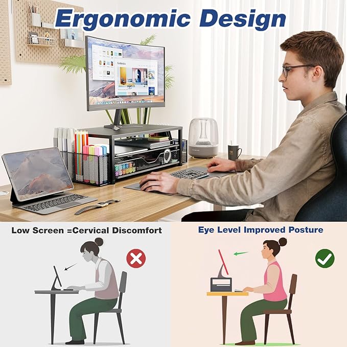 Desk Organizers and Accessories, 2-Tier Computer Monitor Stand Riser with Drawer and 2 Pen Holders, Laptop Stand, Office Desk Accessories for Office Supplies, White