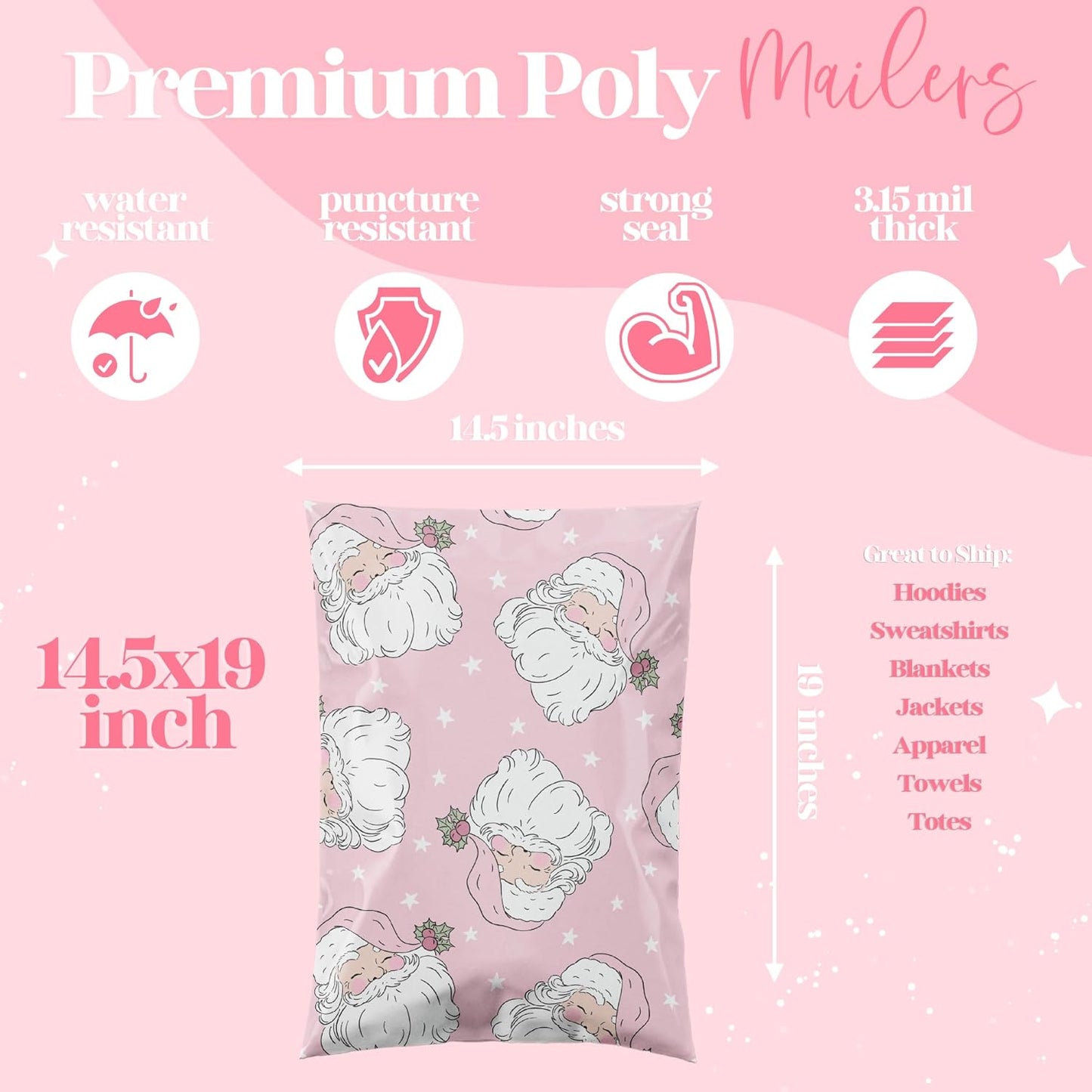 6x9 Designer Christmas Holiday Poly Mailers 100 Pack Heavy Duty Waterproof Self Seal Shipping Bags Large Mailing Envelopes Bulk Tear Resistant Cute Packaging Pink Santa