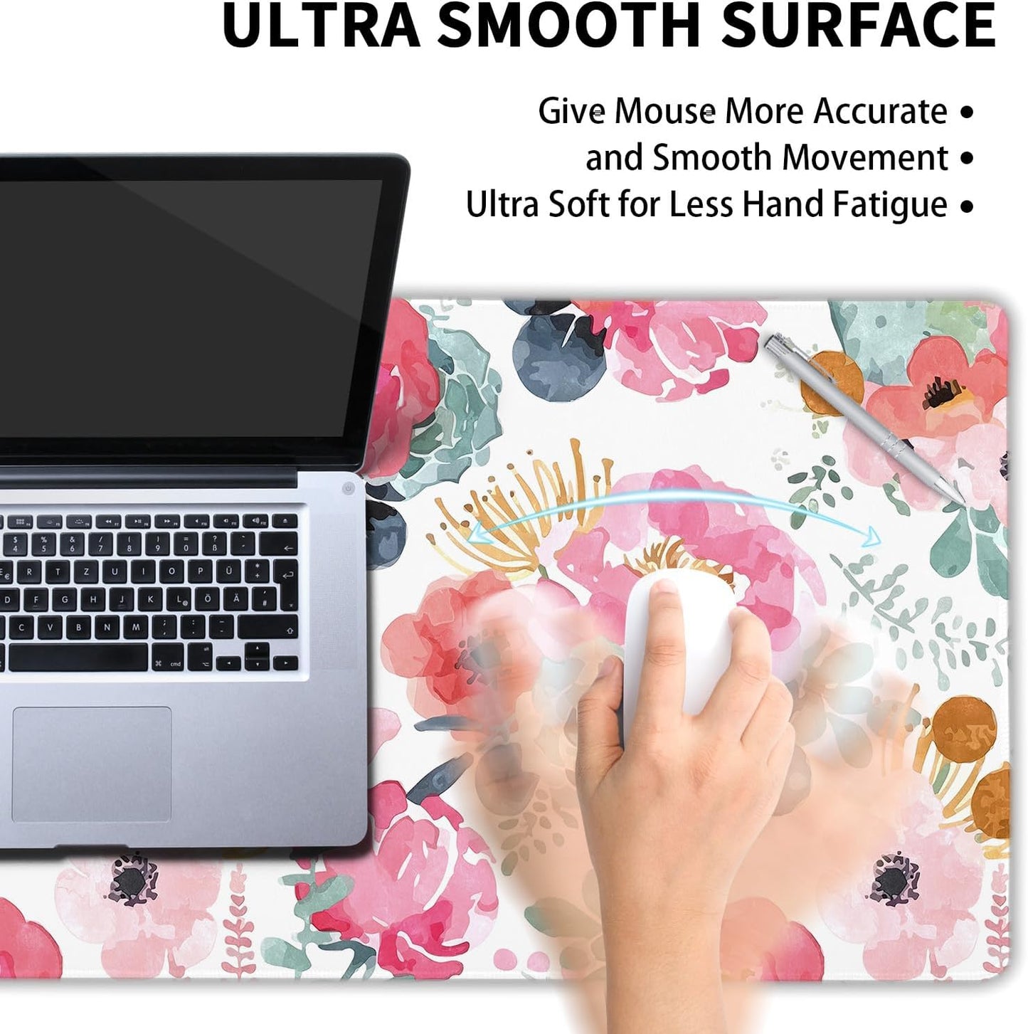 Pink Green Flowers Gaming Mouse Pad XL Cute Watercolor Floral Pretty Extended Desk Pad Trendy Pastel Big Large Mousepad Non-Slip Rubber Base Stitched Edge Long Table Mat for Desktop, 31.5 x 11.8 inch