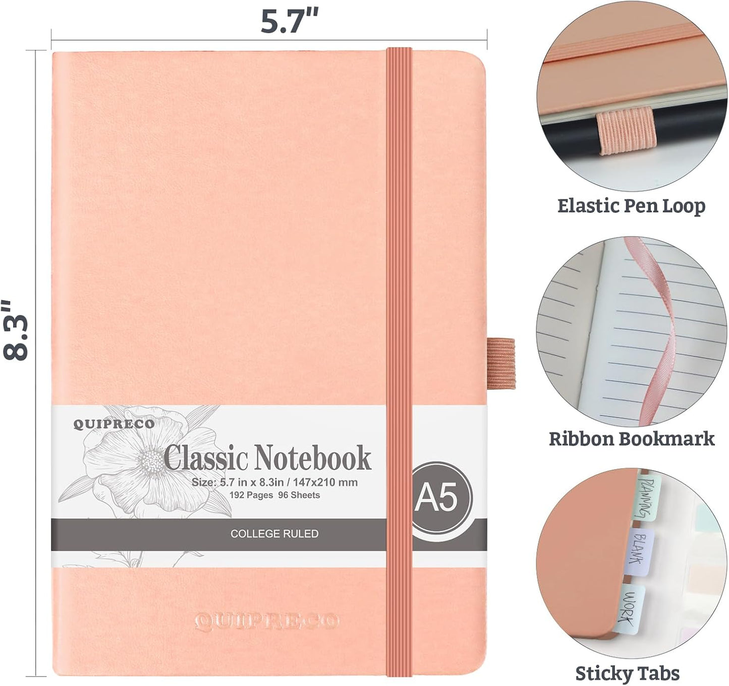 Lined Hardcover Journal Notebook, A5 192 Pages 100Gsm Thick Paper College Ruled for School,Note Taking,Work,Diary，5.7''*8.3'',Blush