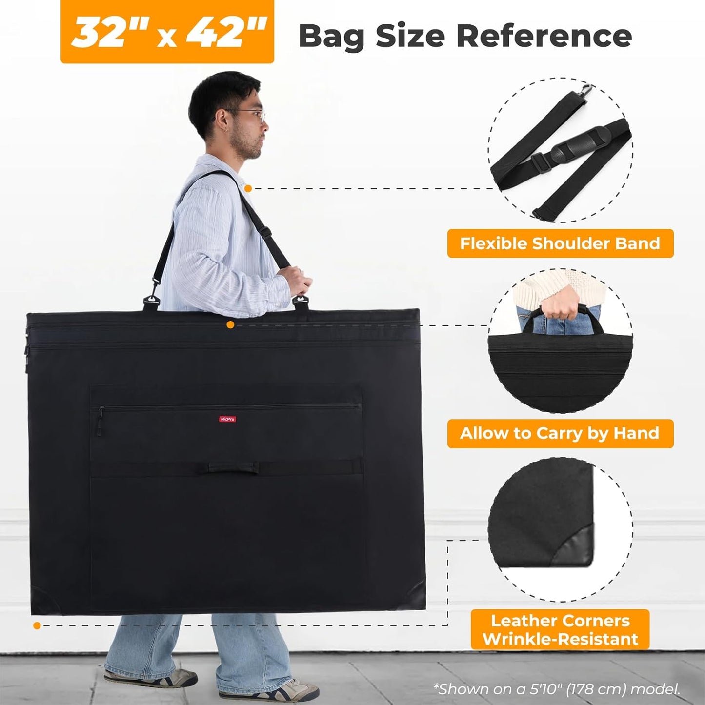 Nicpro Light Weight Art Portfolio Bag, 32 x 42 Extra Large Art Portfolio Case with Detachable Shoulder Strap, Leather Corners, Carrying Storage Case for Artwork, Canvas, Poster, Sketching, and Drawing