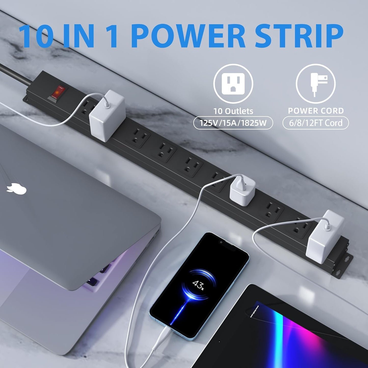 10 Outlet Metal Power Strip,8FT Long Extension Cord Heavy Duty for Kitchen,Office,School,Commercial,Workshop,Industrial,ETL Certified and Listed Socket,1825W/125V/15A,Black(8FT)