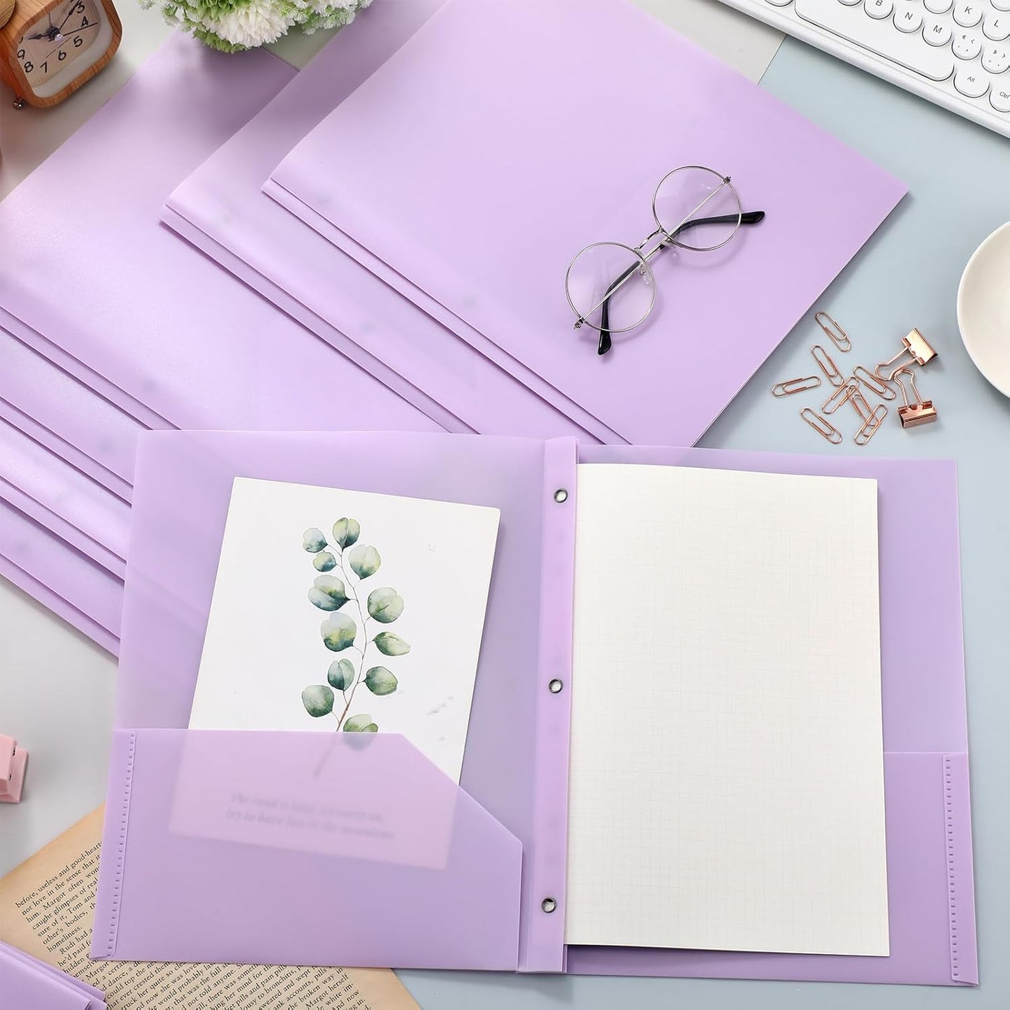 Patelai 48 Pcs Plastic Folders with 2 Pockets and 3 Prongs Home Folders with Card Slot Letter Size Heavy Duty Report Covers for Back to School(Purple,Classic)