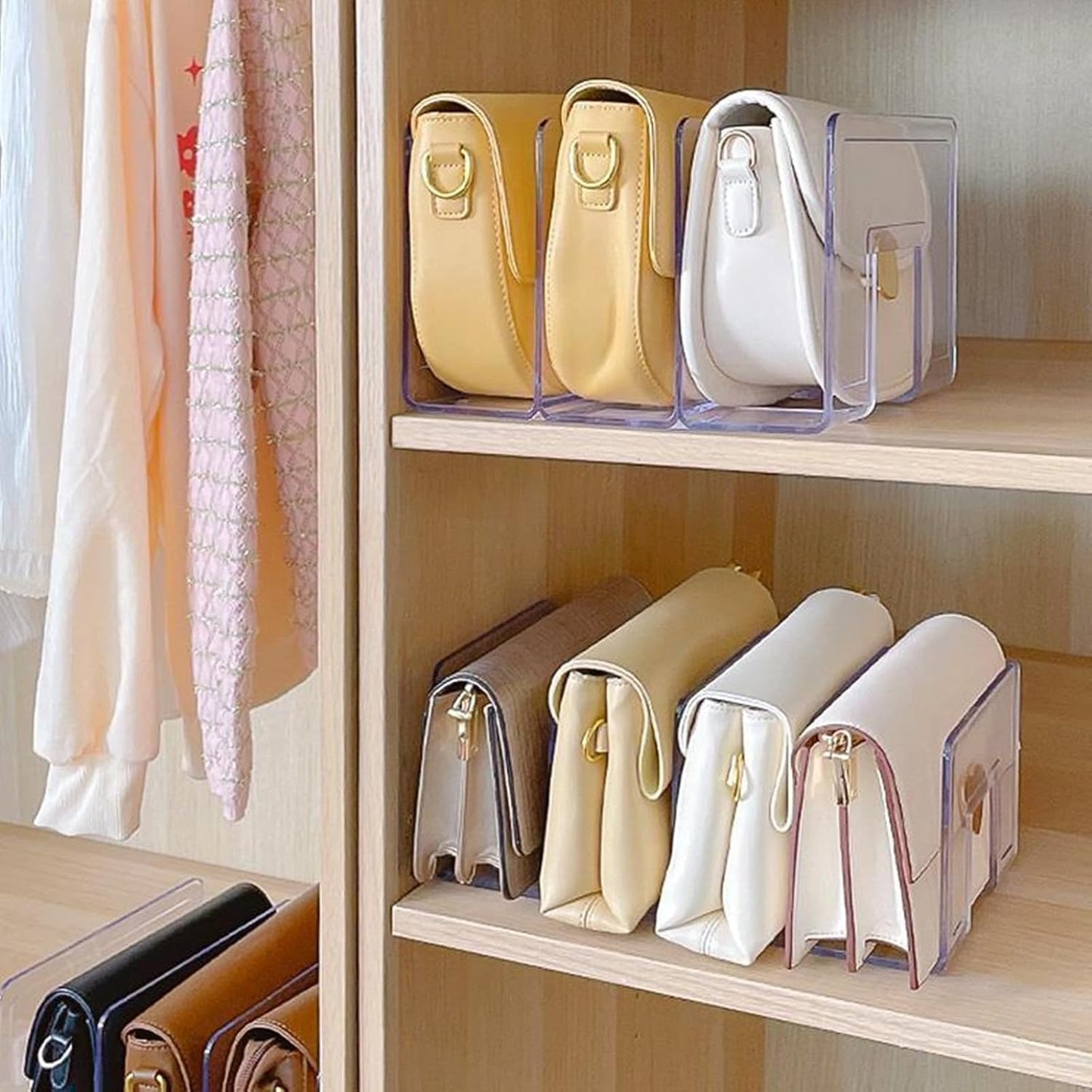 LUGUNU Clear Acrylic Purse Organizer - 4-Section Divider for Handbag Closet Storage - Durable Rack for Purses, Clutches More (Set of 2)