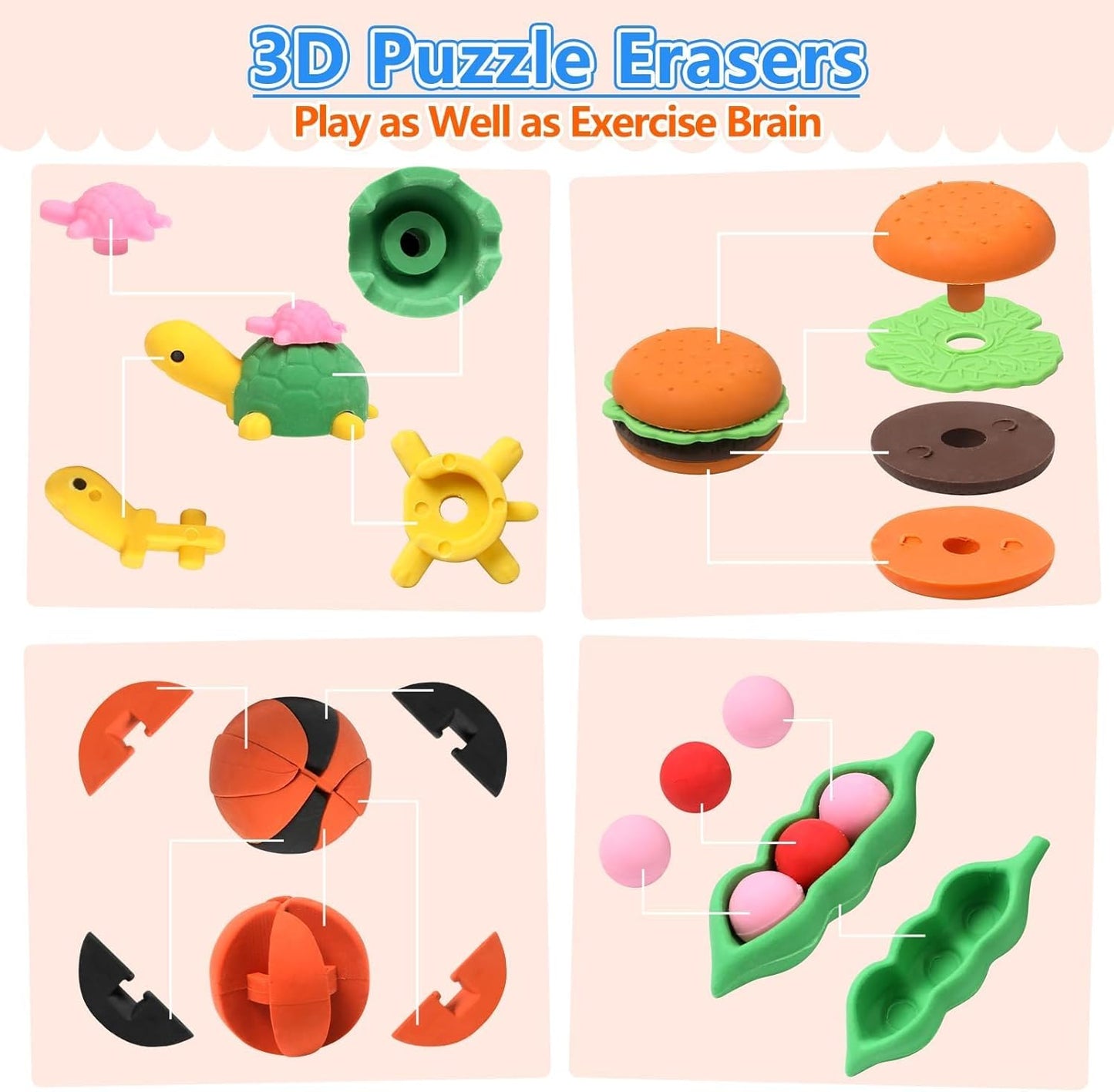 HINZER 100 Pack Animal Erasers for Kids Bulk Pull Apart 3D Puzzle Erasers Classroom Rewards and Prizes Class Treasure Box Kids Party Favors Back to School Supplies