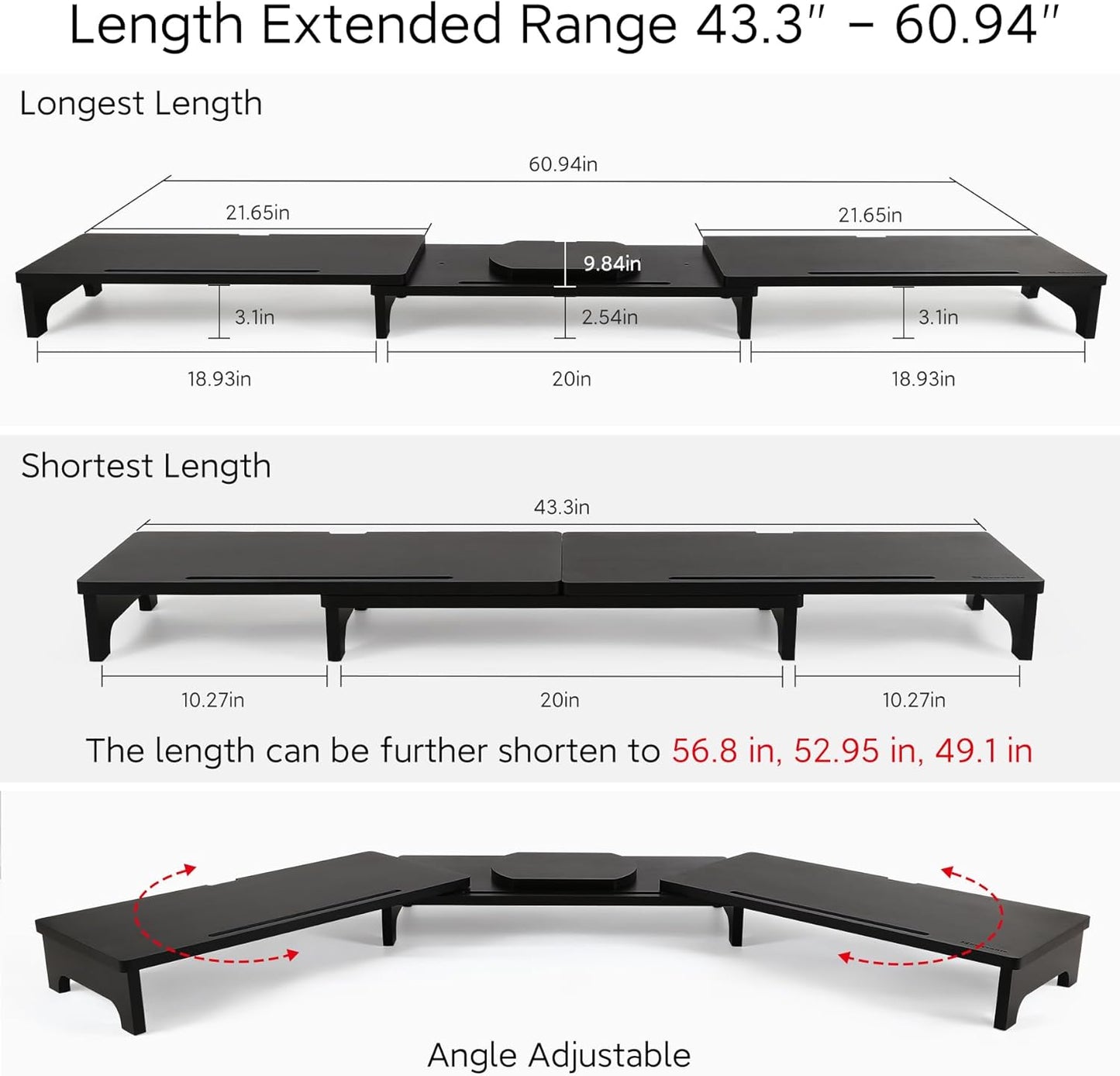 Nnewvante Monitor Stand Riser, 60 inch Large Bamboo Dual Monitor Stand for Desk, 3 Shelves Desktop Screen Riser with Adjustable Length Angle for Computer Laptop PC,Black