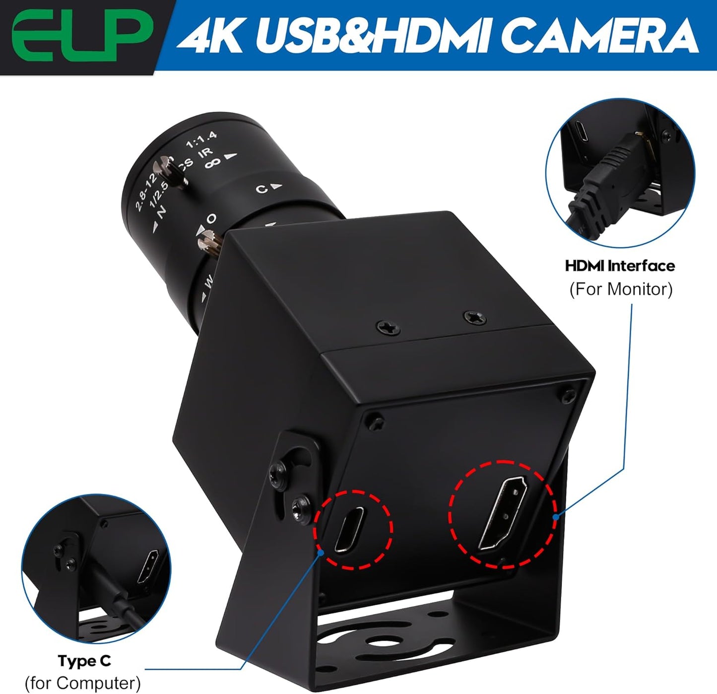 ELP 4K HDMI USB Camera - 2.8-12mm 4X Zoom Webcam With Manual Adjustment for Computer, TV, Projector, Monitor