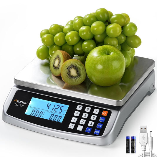 66lb Food Scale, Commercial Kitchen Scale with Price Computing, Plug-in Usable, 0.05oz/1g, 304 Stainless Steel, for Cooking, Vegetables, Farm, Industry, Counting. LC300 Silver