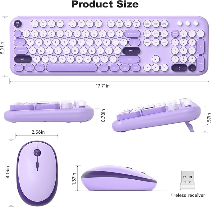 MOFII Wireless Keyboard and Mouse, Retro Typewriter Keyboard and Silent Mouse, 2.4GHz Full Size Keyboard and Mouse Wireless Combo for Laptop, PC, Desktop, Windows (Violet)