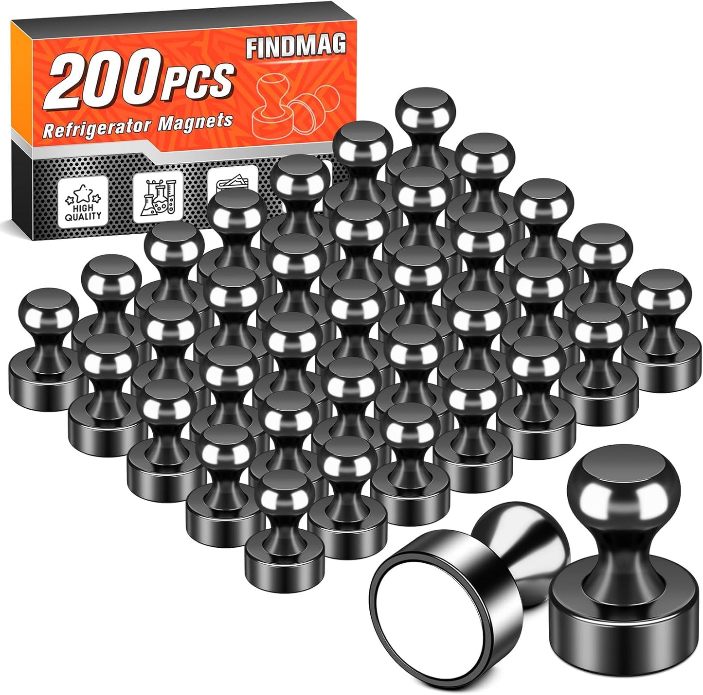 FINDMAG 200Pcs Black Fridge Magnets, Strong Magnets for Whiteboard, Refrigerator, Map, Kitchen Accessories, Magnetic Push Pins