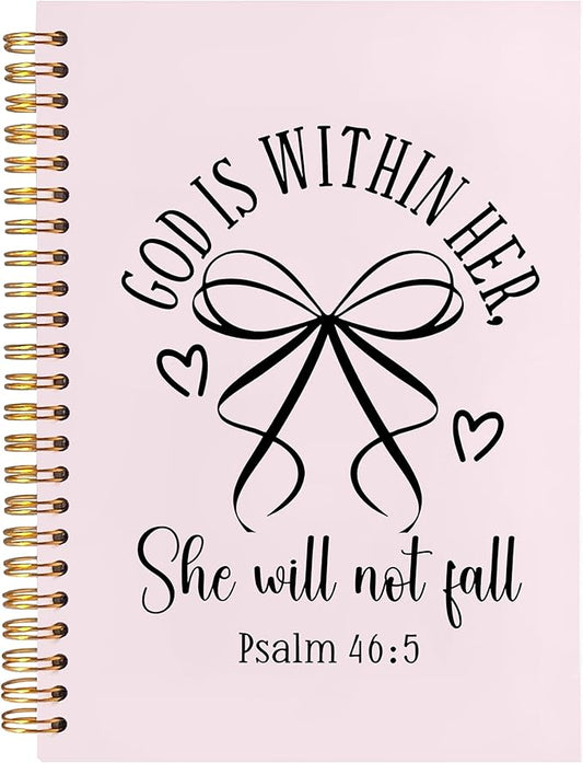 BearCake Pink Coquette Bow Christian Notebook Journal, God is Within Her She Will Not Fall Bible Journal for Women, Christian Religious Gifts for Woman, Hardcover Spiral Notebook 5.5x8.3