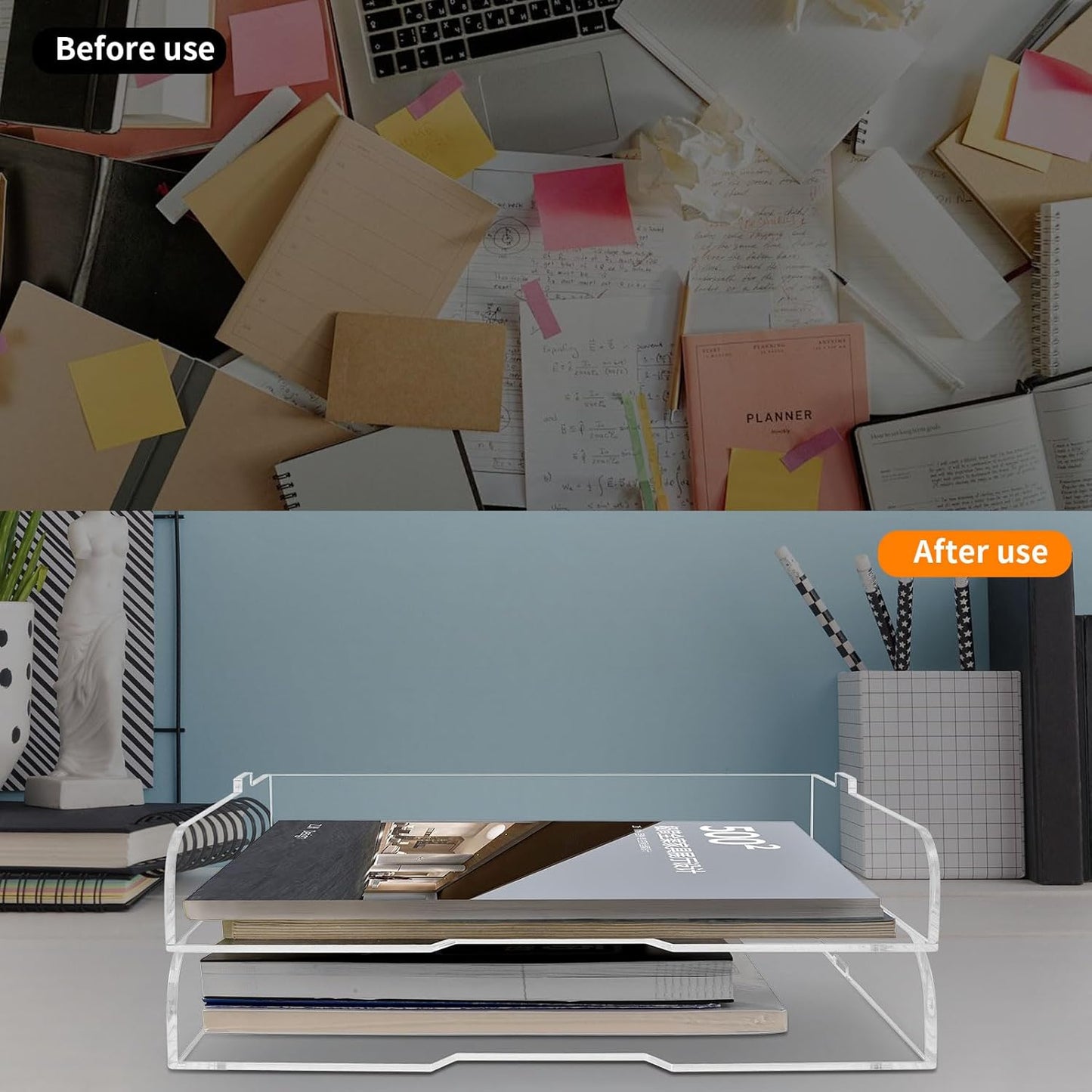 2 Pack- Stackable Paper Letter Tray,Clear Acrylic Magazine Holder and File Organizer - Sleek Desk Organizer for Home Office, Bookshelf, or Workspace - Space-Saving Transparent Document Holder