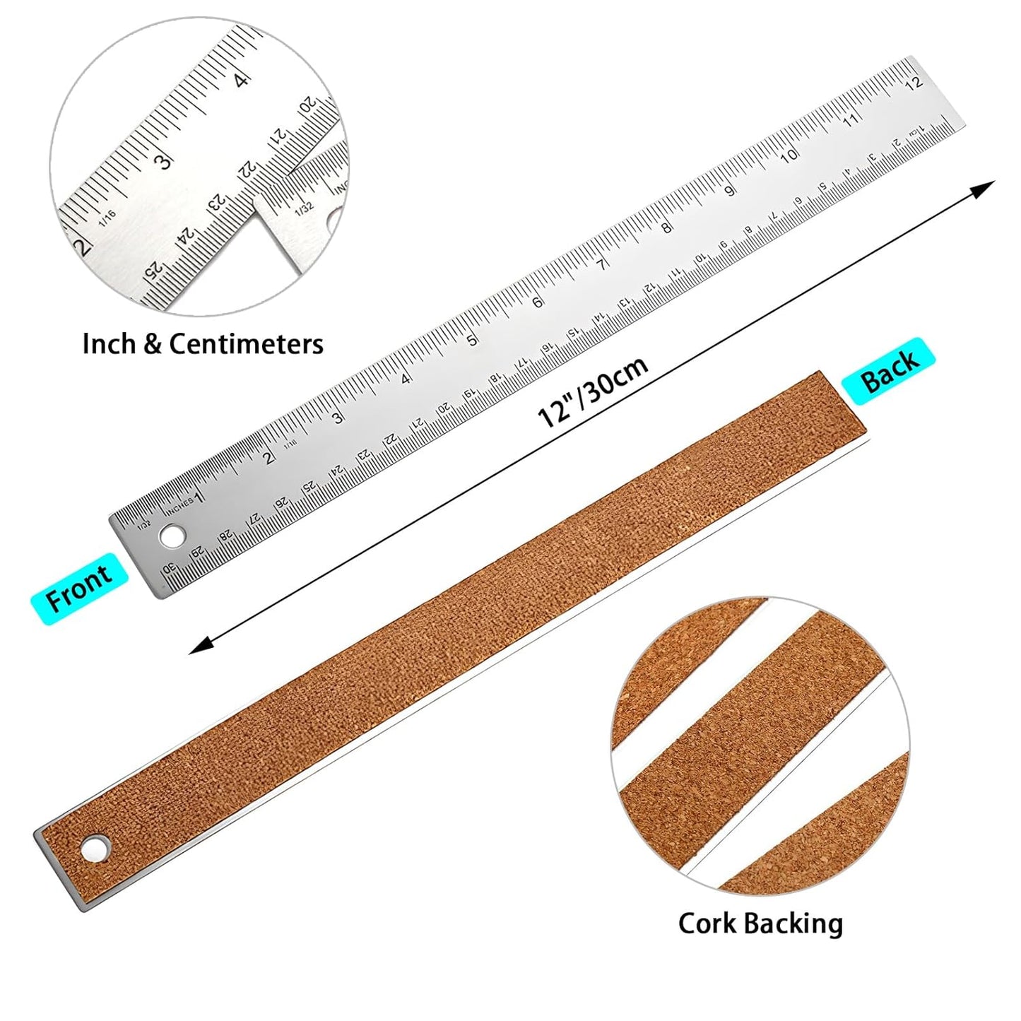4Pcs 12 Inch Metal Ruler, Stainless Steel Rulers with Cork Backing, Imperial and Metric, Non-Slip Prevent Ink Leakage. for School, Office, Engineering, Drafting Tools