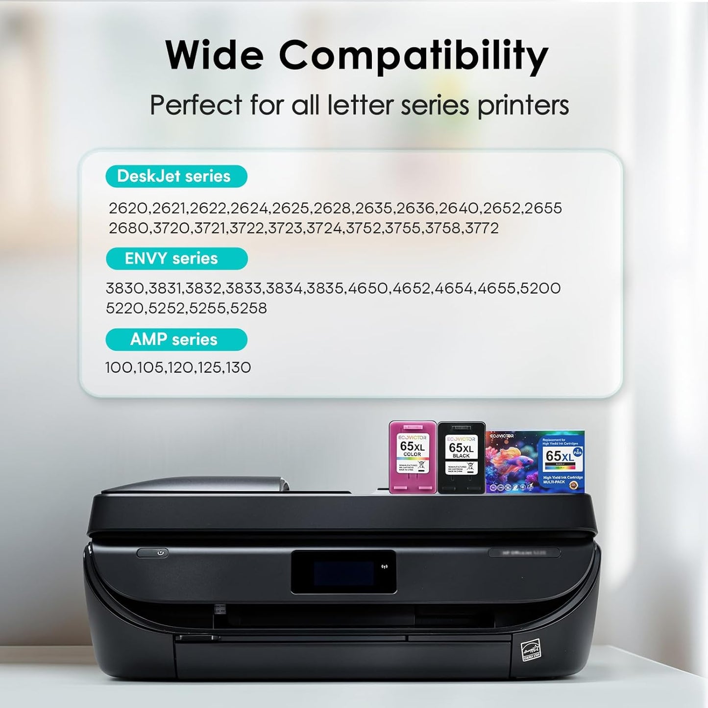 Eco-Friendly Remanufactured Ink Cartridge Replacement for HP Ink 65 XL 65XL Black and Color Combo Pack for 5055 5052 5010 5070 5014 3755 2655 3720 3722 3723 3752 3758 2652 2624 2640 Printer