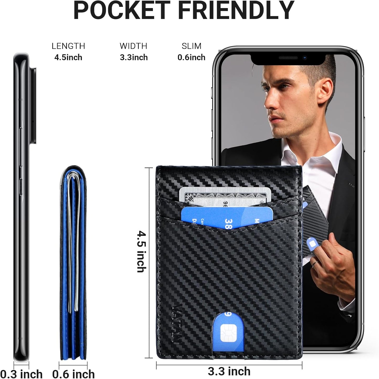 VATAN Wallet for Men, Mens Minimalist Wallet Credit Card Holder, Slim Leather Rfid 2 ID Window Large Capacity With Gift Box (Carbon Black and Blue)