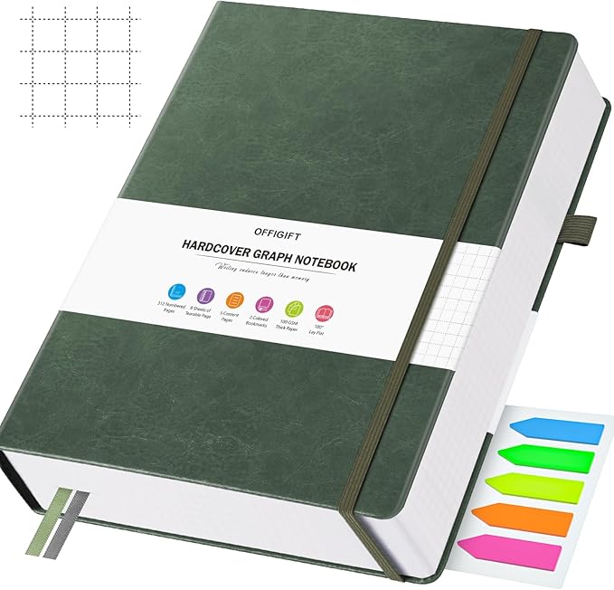 Graph Paper Notebook, 312 Numbered Pages Large A5 Hardcover Leather Journal, 100gsm No Bleed Grid Paper Notebook with Index Pages, Grid Notebook for Graphing Notes Math, 5.75" x 8.38", Green