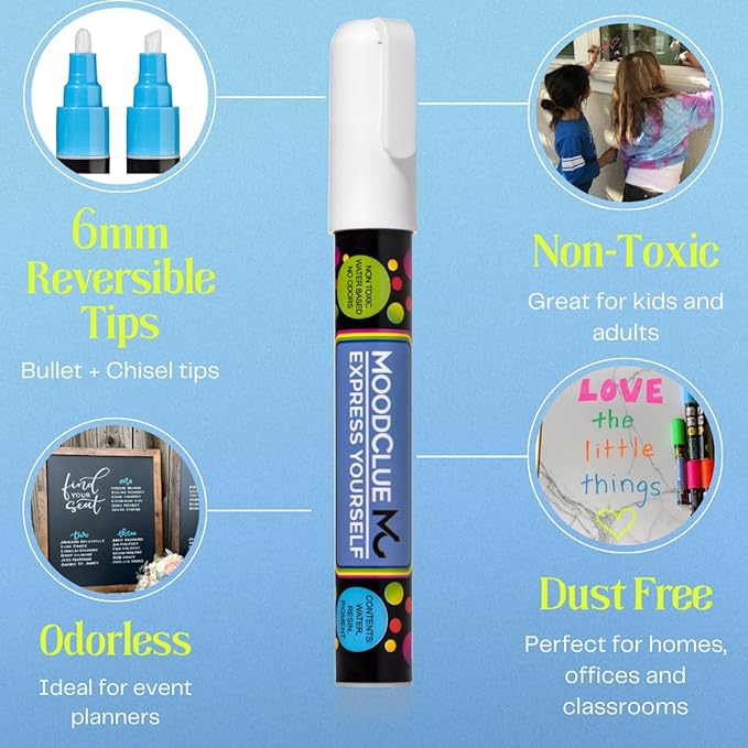 Liquid chalk markers 12 neon erasable Whiteboards, glass boards, chalkboards, windows, mirrors, car windshields, auto, glass. Odorless, non-toxic. Wet or dry erase. Thick and thin tip
