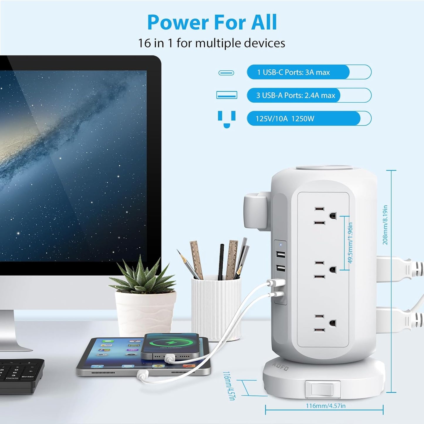 15 ft Long Extension Cord Power Strip Tower,AOFO Surge Protector 12 AC Outlets 4 USB(1 USB C) Ports, Charging Tower Overload Protection with Multiple Outlets for Home Dorm Office