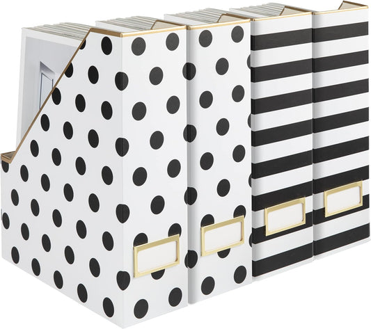 BLU MONACO Set of 4 Stylish Magazine File Boxes - 2 Black and White Stripes and 2 Polka Dots - Office Organization and Storage, Paper Organizer for Desk - Workspace and Classroom Organization