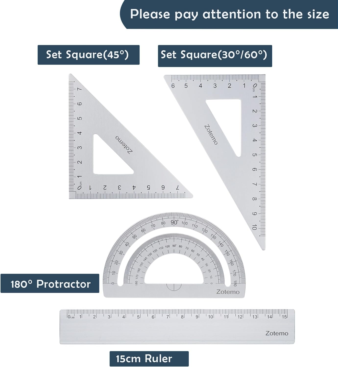 Geometry Ruler Set for Students, Metric Measurement 4-Piece Metal Math Drafting Kit with Non-Slip Design 15 cm Straightedge Ruler, 180° Protractor & 2 Triangles for School Kids (Silver)