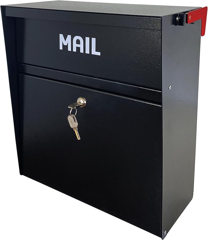 Rainproof Wall Mount Mailbox with Outgoing Mail Flag, Locking Security Galvanized Steel Drop Box for Residential & Commercial Use, Heavy Duty Payment Collection Box, Black
