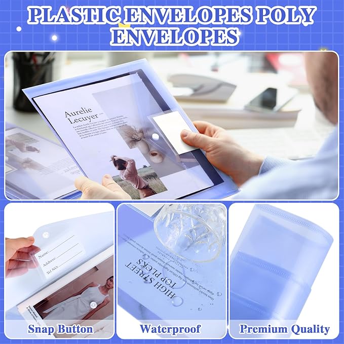 Yeaqee 50 Pcs Plastic Envelopes Poly Envelopes File Folders with Snap Button Closure Clear Folders for Documents US Letter A4 Size Filing Holder with Label Pocket for Home Office School(Blue)