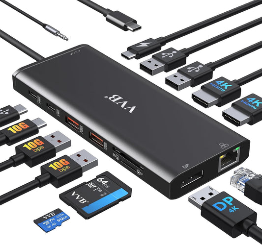 Docking Station Dual Monitor HDMI for Dell/Lenovo/HP Laptop Docking Station USB C Hub Multiport Adapter Dongle Dock USB C to 2 HDMI 4K+DisplayPort+Ethernet+4USB+2USB C+100W PD Charger+SD/TF+Audio